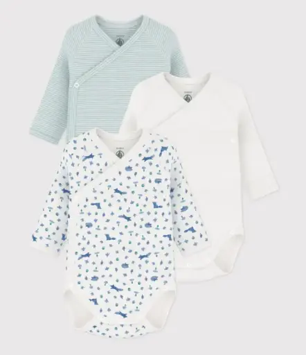 Petit Bateau - Lot de 3 bodies croisés manches longues en coton imprimé bébé
