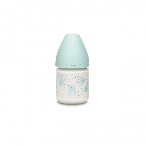 Suavinex - Biberon en verre - 120ml - Tétine ronde silicone - 0 mois - Green Rabbits