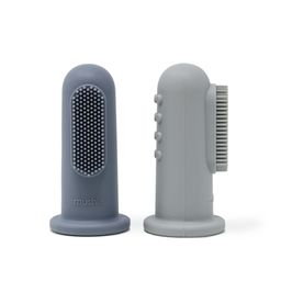 Mushie - Lot de 2 brosses à dents à doigts pour bébé en silicone - Gris / Bleu