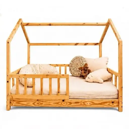 Lit cabane 70X140 cm avec sommier et barrière