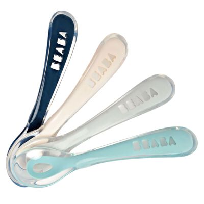 [913467] Béaba - Set de 4 cuillères 2ème âge en silicone - Bleu foncé/rose/gris/vert