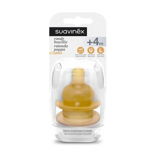 Suavinex - Lot de 2 Tétines rondes en latex - Bouillie - +4m - Débit Rapide